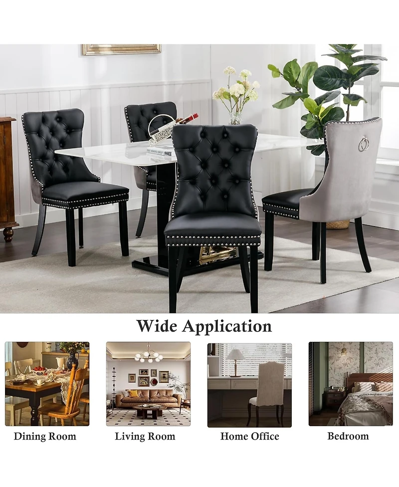 Rainsken Dining Chairs Set of 2, Modern Pu and Velvet Upholstered Kitchen with Wood Legs, Nailhead Trim Button Design for Room