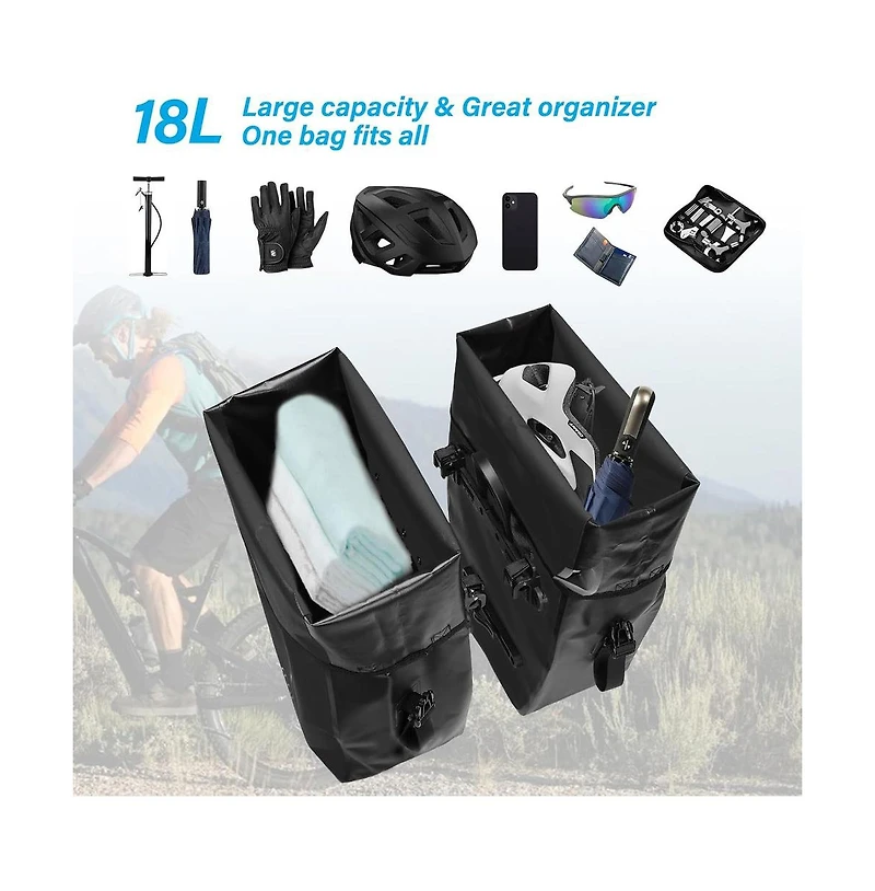 Aoligeijs Bike Panniers 2 Pack, 18L Waterproof Rear Rack Bicycle Bags with Roll Top Closure, Reflective Strips and Shoulder Strap for Commuting Travel