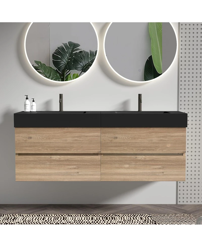 Sillysis Mid-Century Modern Bathroom Vanity with Double Drawers, Quartz Basin