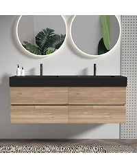 Sillysis Mid-Century Modern Bathroom Vanity with Double Drawers, Quartz Basin