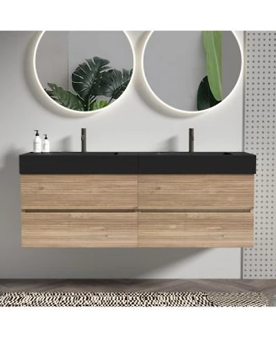 Sillysis Mid Century Modern Bathroom Vanity With Double Drawers Quartz Basin Wall Mounted Soft Close Storage Cabinet