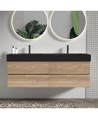 Sillysis Mid Century Modern Bathroom Vanity With Double Drawers Quartz Basin Wall Mounted Soft Close Storage Cabinet