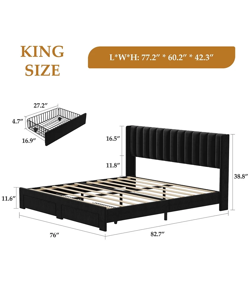 homfan Bed Frame with 2 Storage Drawers, Velvet Upholstered Platform Bed, No Box Spring Needed, Noise Free