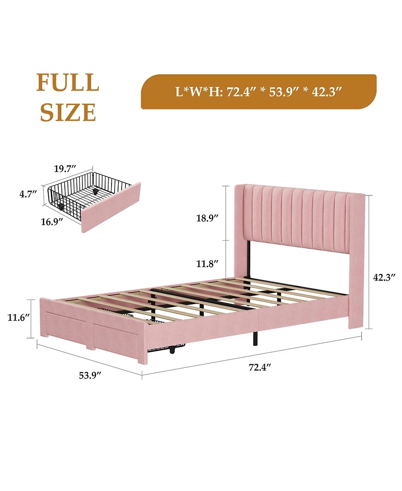 homfan Bed Frame with 2 Storage Drawers, Velvet Upholstered Platform Bed, No Box Spring Needed, Noise Free