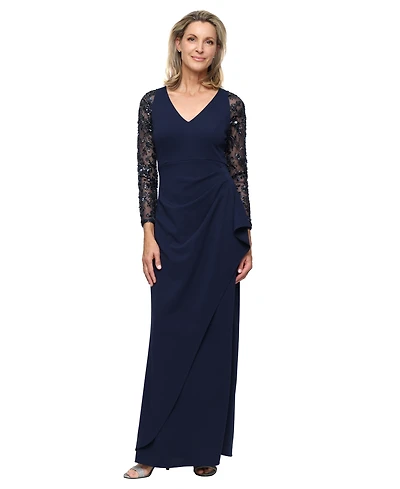 Sl Fashions Women's Long Stretch Crepe V-Neck Dress with Beaded Illusion-Sleeve