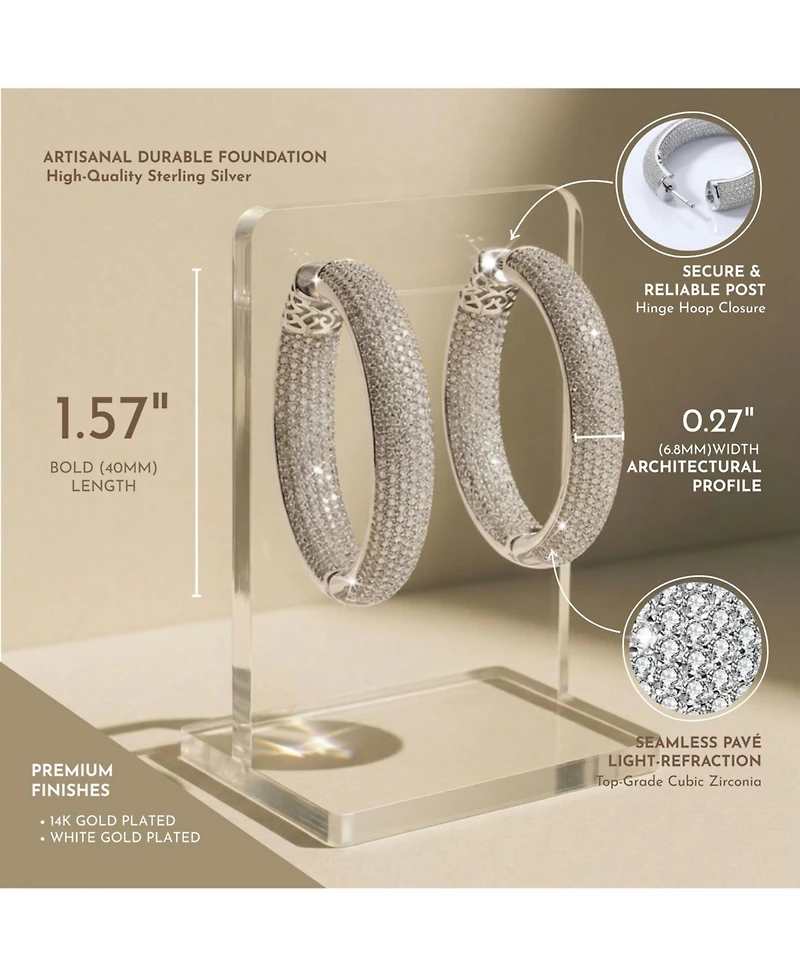 Ra Rhodium Plated Clear Round Cubic Zirconia Pave Hoop Earrings