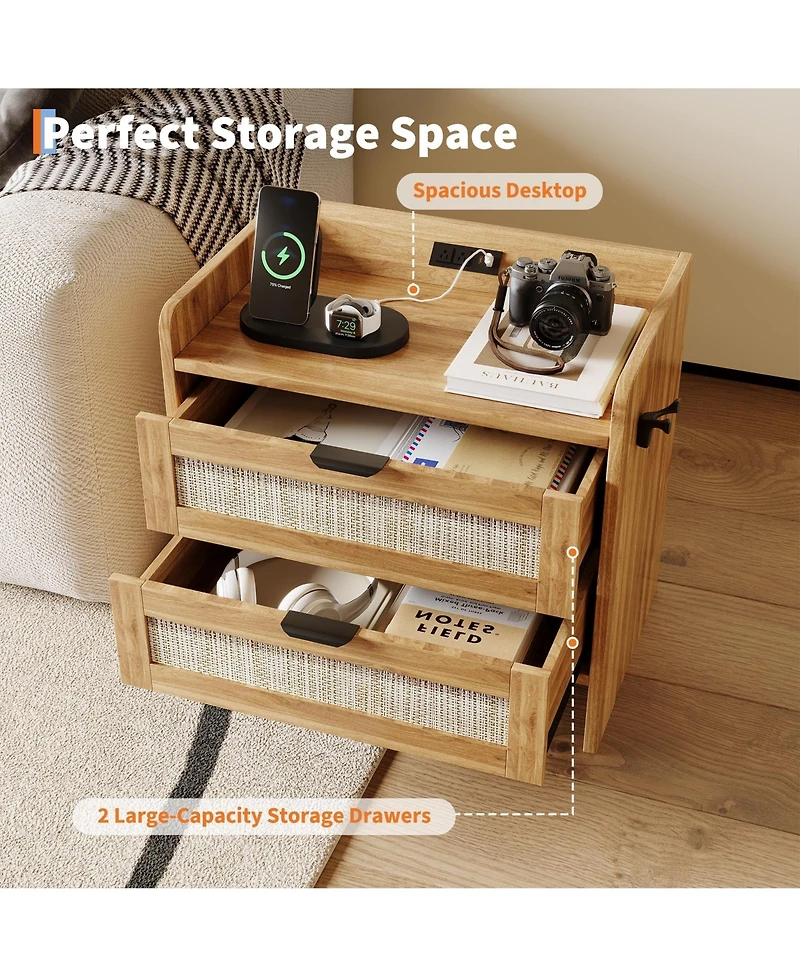 gaomon Home Set of 2 Boho Nightstands, Engineered Wood Bedside Tables with Rattan Drawers Storage