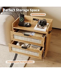 gaomon Home Set of 2 Boho Nightstands, Engineered Wood Bedside Tables with Rattan Drawers Storage