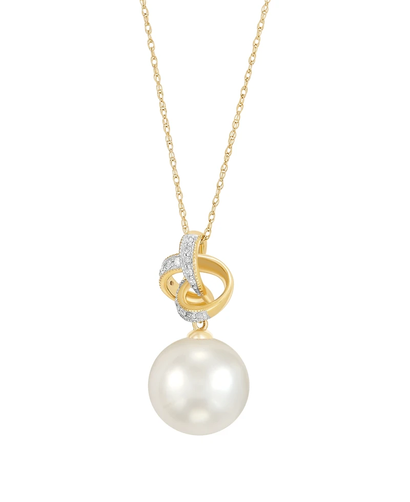 Honora White Ming Pearl (11-12mm) & Diamond (1/10 ct. t.w.) Loveknot Pendant Necklace in 10k Yellow Gold