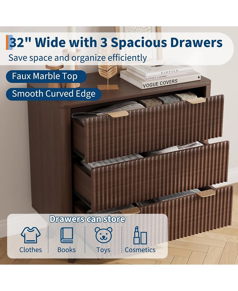 gaomon Home 3-Drawer Fluted Wood Nightstand, Faux Marble Top Bedside Storage Table, 2-Pack