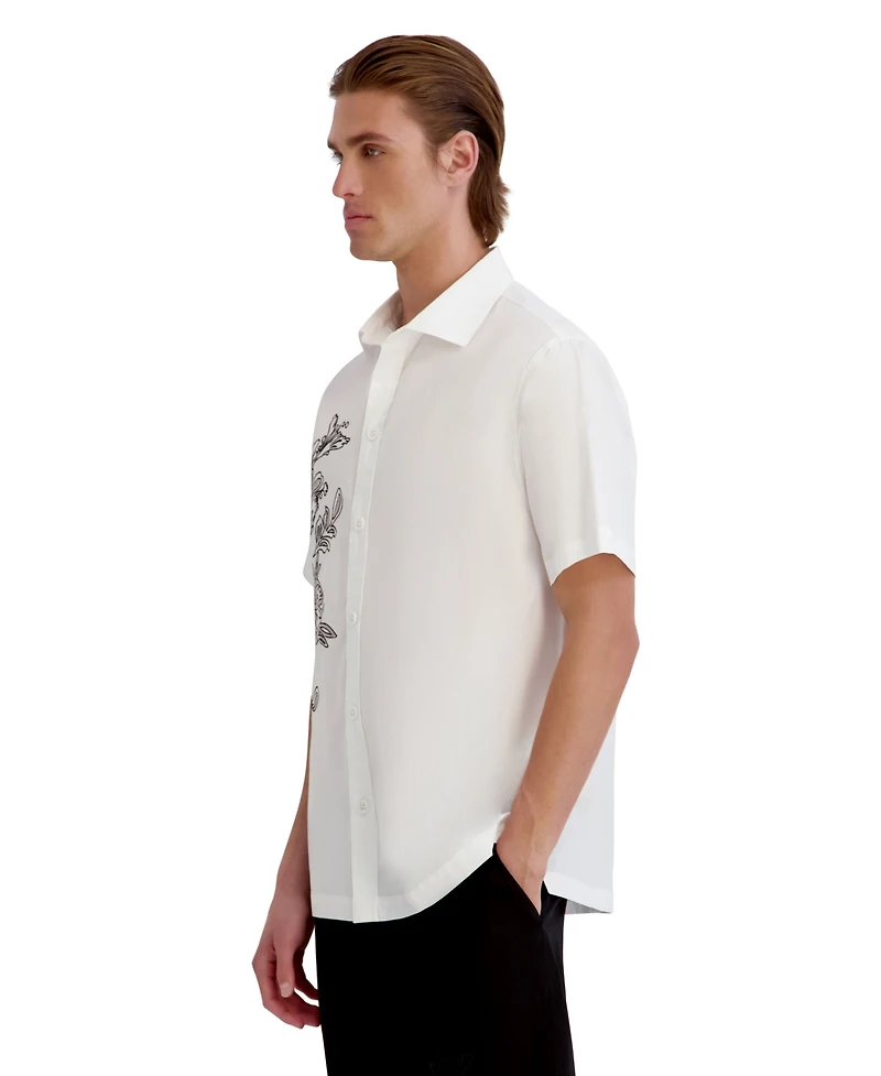 Karl Lagerfeld Paris Men's Laser Cut Embroidered Flower Woven Shirt