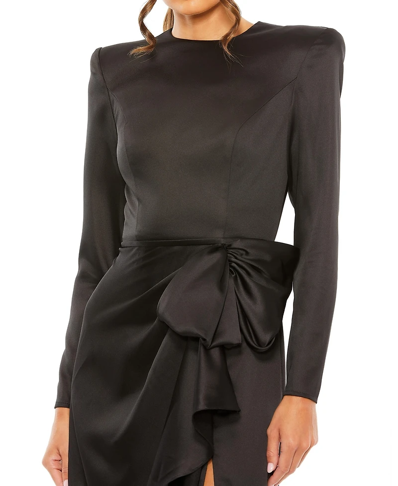 Mac Duggal Petite Long Sleeve Satin Structured Bow Draped Column Gown