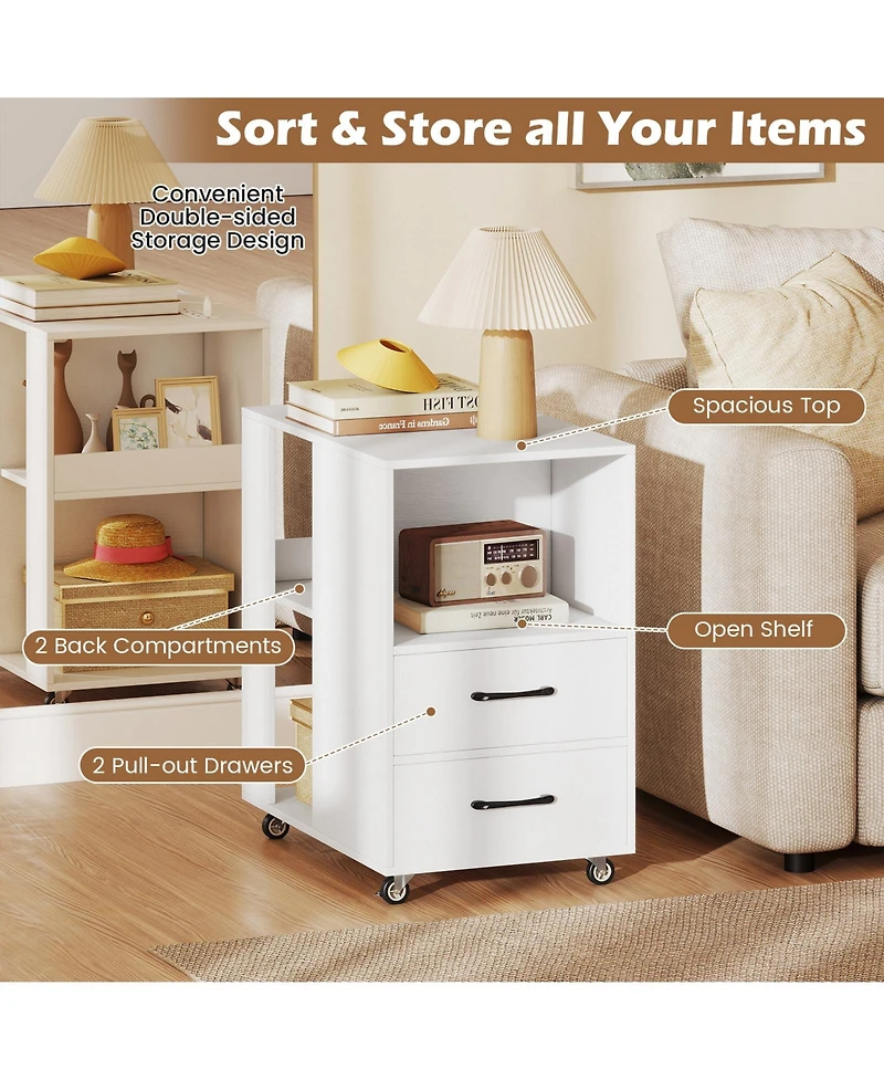 Gymax End Table w/Built-in Charging Station Usb Ports and Outlets 2 Drawers 3 Shelves Natural