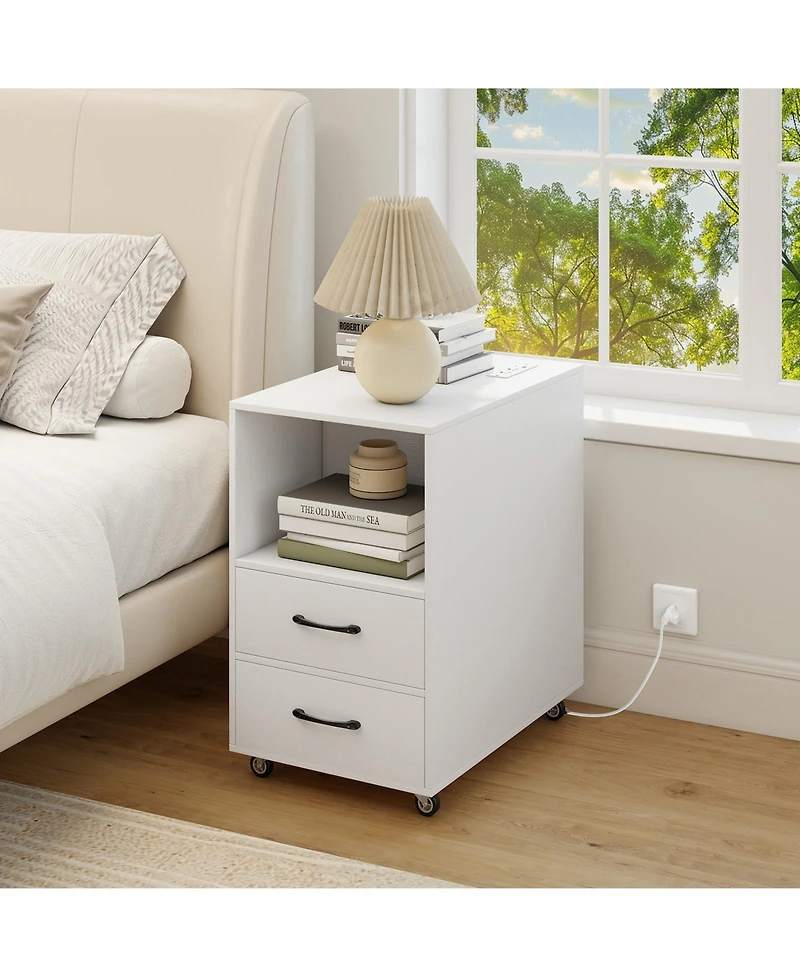Gymax 2PCS End Table w/Built-in Charging Station Usb Ports Outlets 2 Drawers 3 Shelves