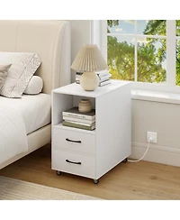 Gymax 2PCS End Table w/Built-in Charging Station Usb Ports Outlets 2 Drawers 3 Shelves