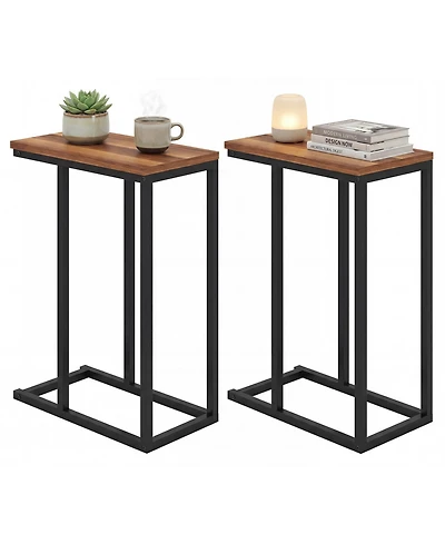 Gymax 2PCS C-shaped End Table w/Adjustable Foot Pads Small Snack for Bedroom Rustic Brown