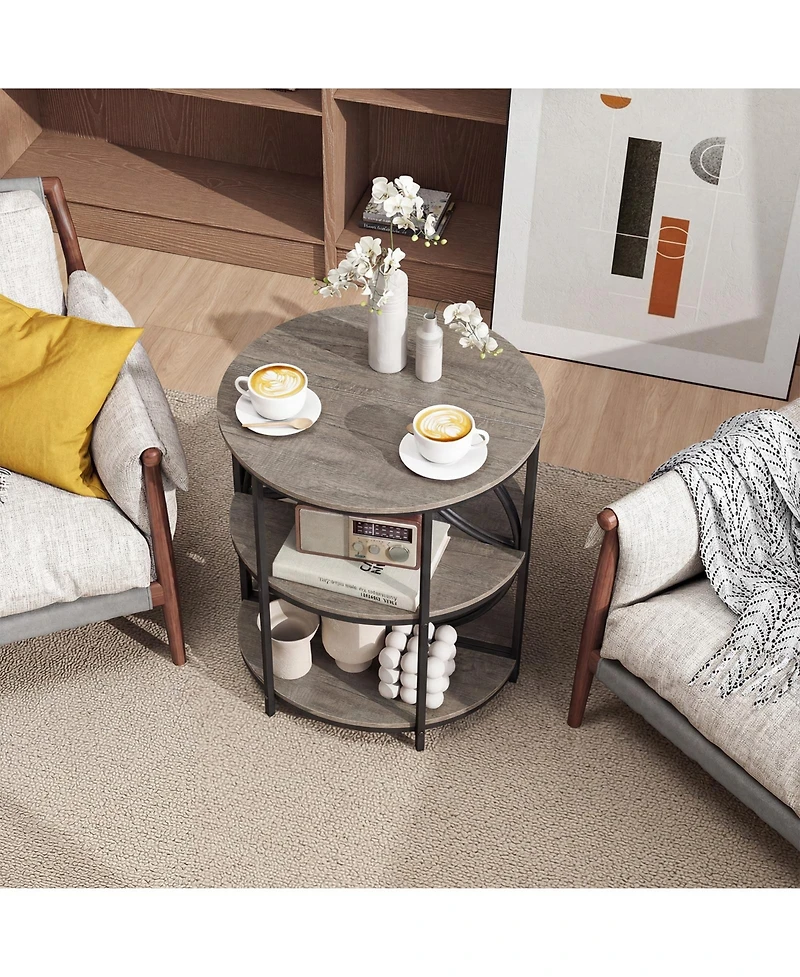Gymax 3-Tier Half Round End Table Set of 2 with Study Metal Frame Storage Shelves