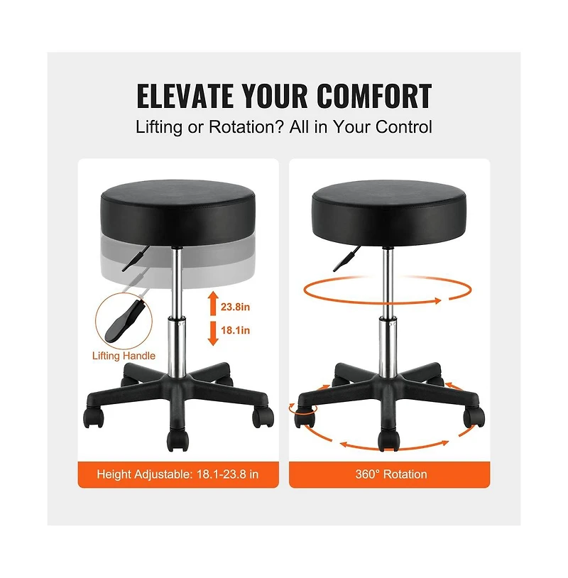 Sugift Adjustable Height Rolling Stool with 400 lbs Capacity, 15.7 in Pu Leather Cushion, 5 Swivel Casters
