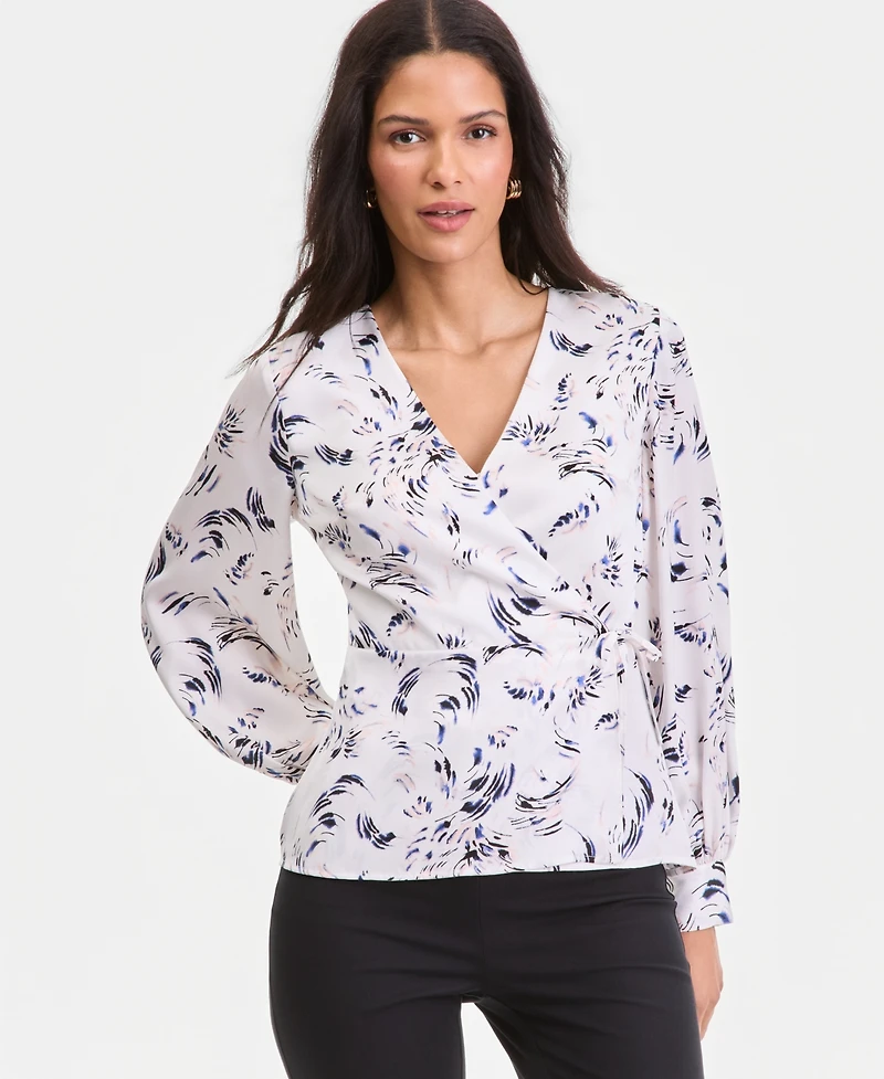 I.n.c. International Concepts Women's Printed Blouson-Sleeve Wrap Blouse, Macy's Exclusive