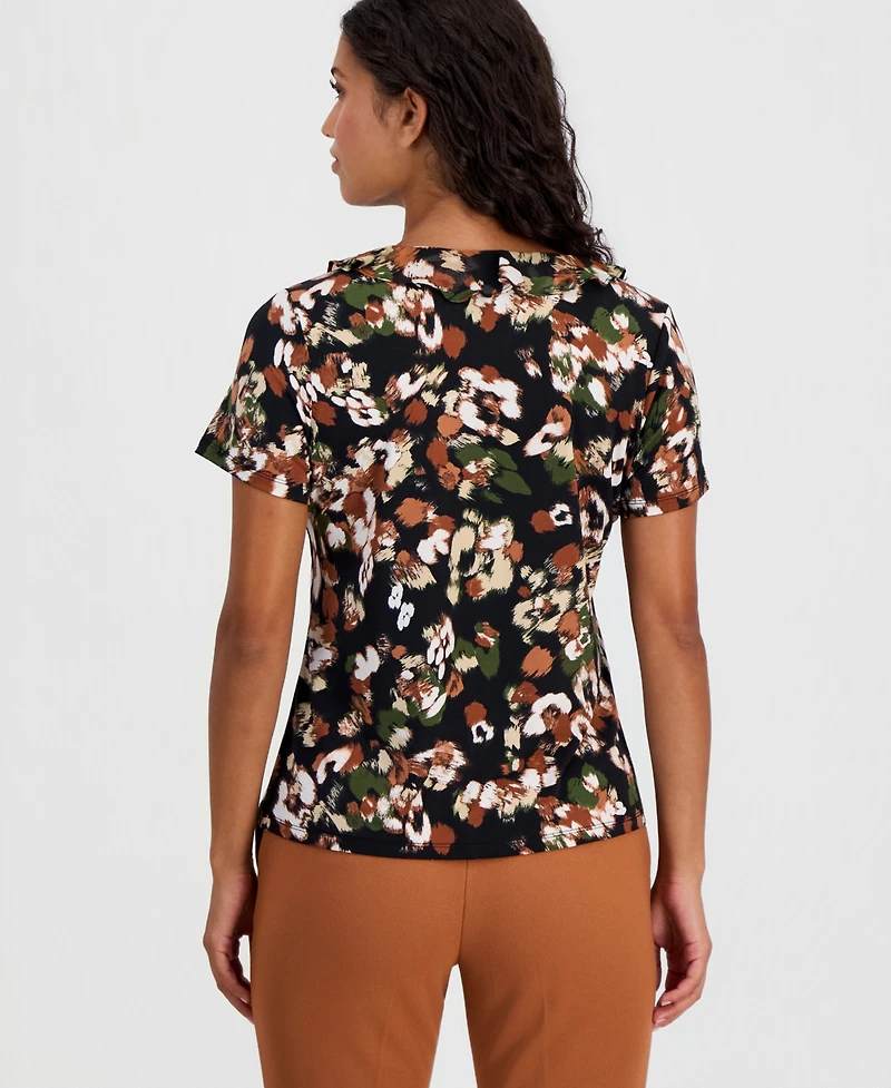 Anne Klein Essentials Petite Printed Ruffle-Trim Short-Sleeve Top