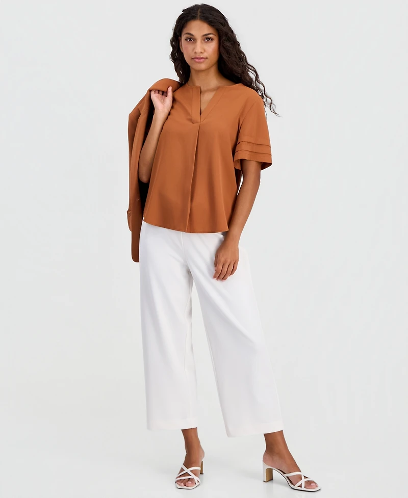Anne Klein Essentials Petite Pleated-Sleeve Split-Neck Top