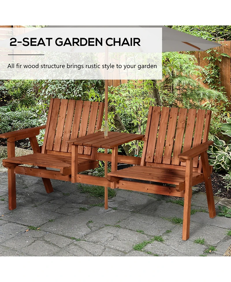 Outsunny Wooden Garden Bench with Umbrella Hole & Middle Table, Outdoor Loveseat with Weather-Fighting Material 2 Person Chair for Garden, Patio, Balc