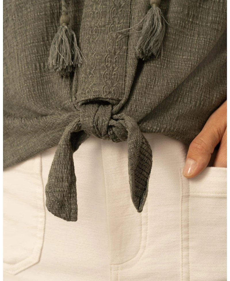 Cable & Gauge Women's Embroidered Split Neck Tie Top