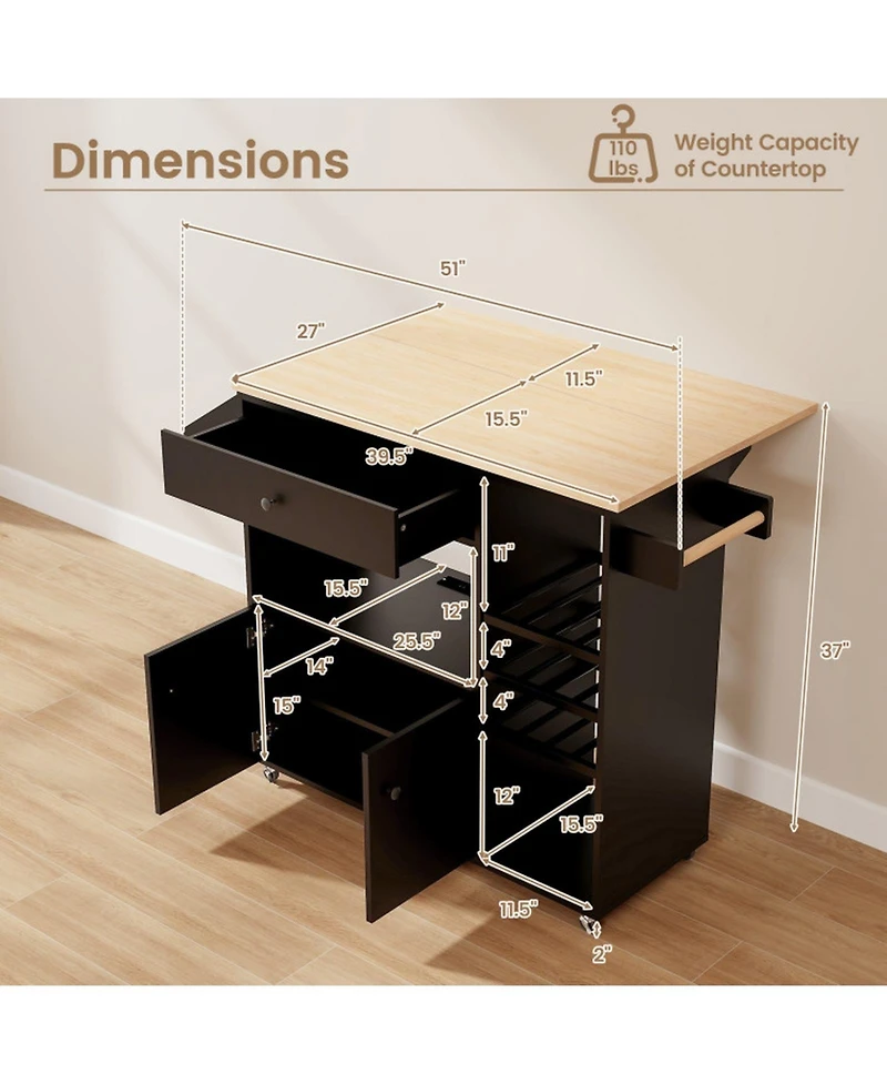 Gouun Drop-Leaf Mobile Kitchen Island Cart with Power Strip and Adjustable Shelf