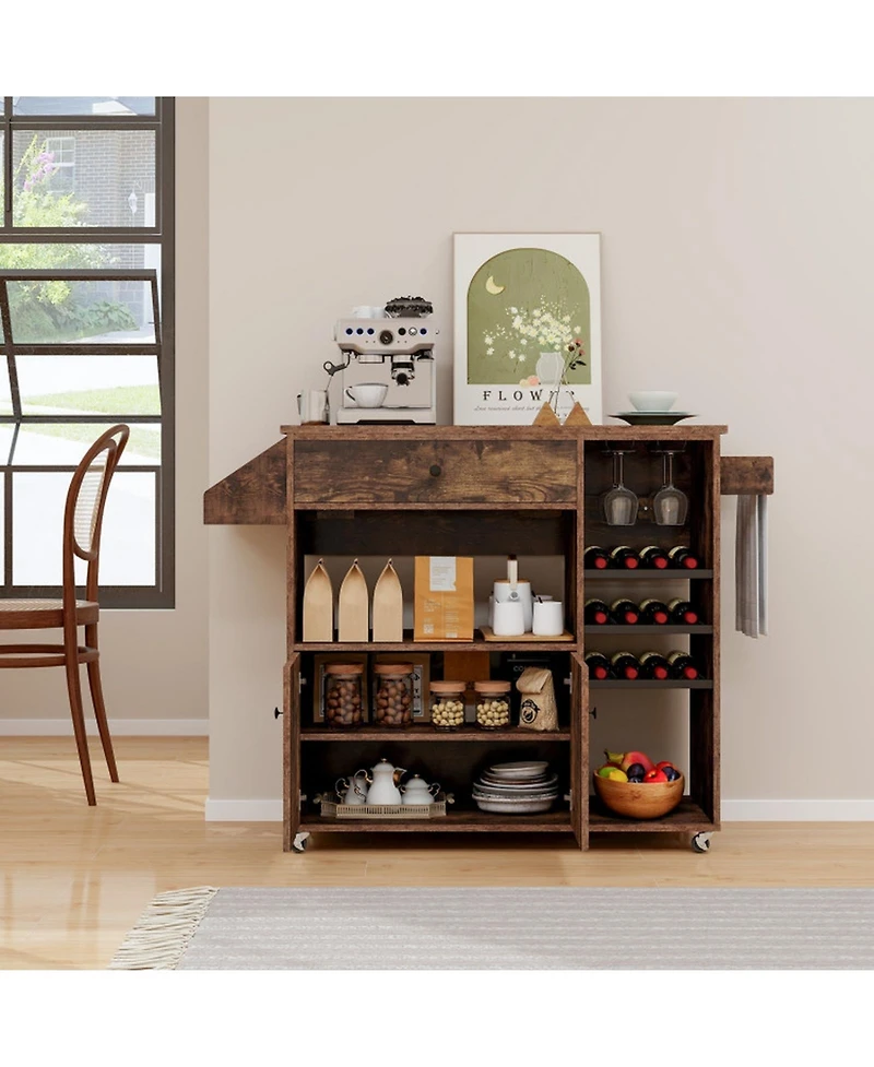 Gouun Drop-Leaf Mobile Kitchen Island Cart with Power Strip and Adjustable Shelf