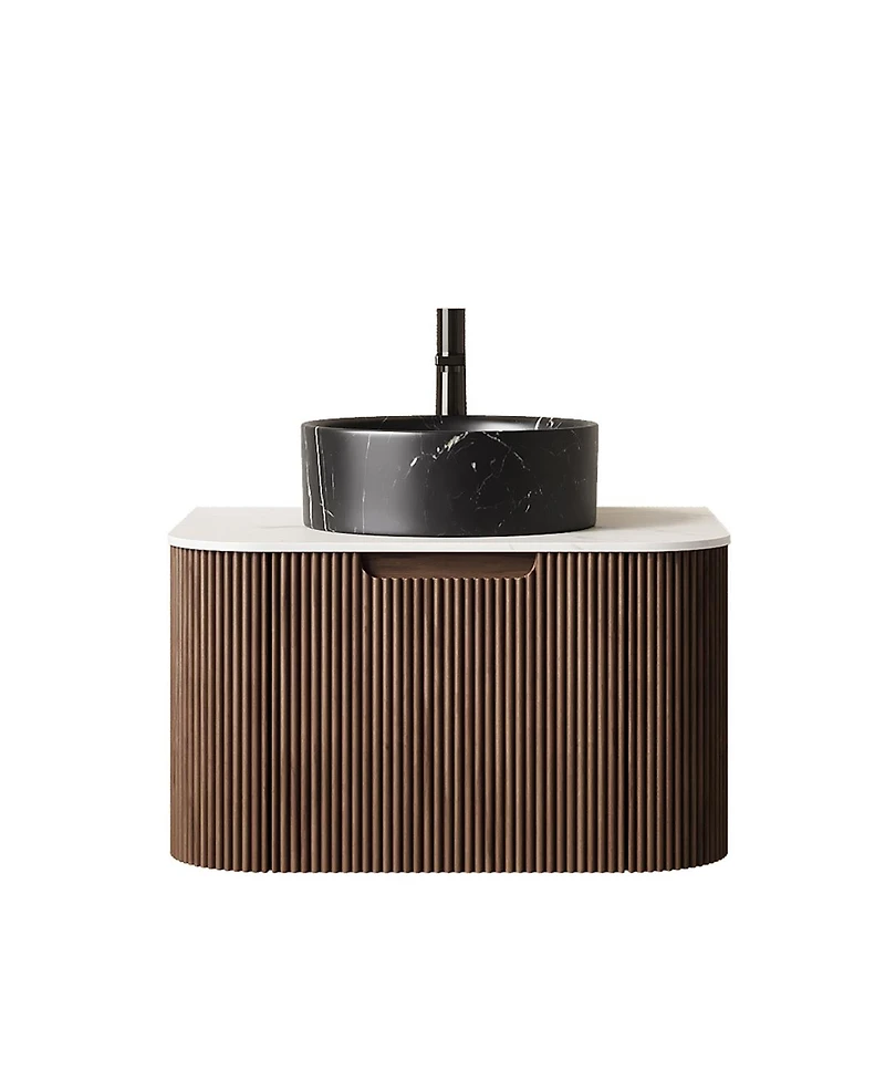 Sillysis Wall Mounted Bathroom Vanity, Ceramic Vessel Sink, Carrara Sintered Stone Top, Soft Close Drawer
