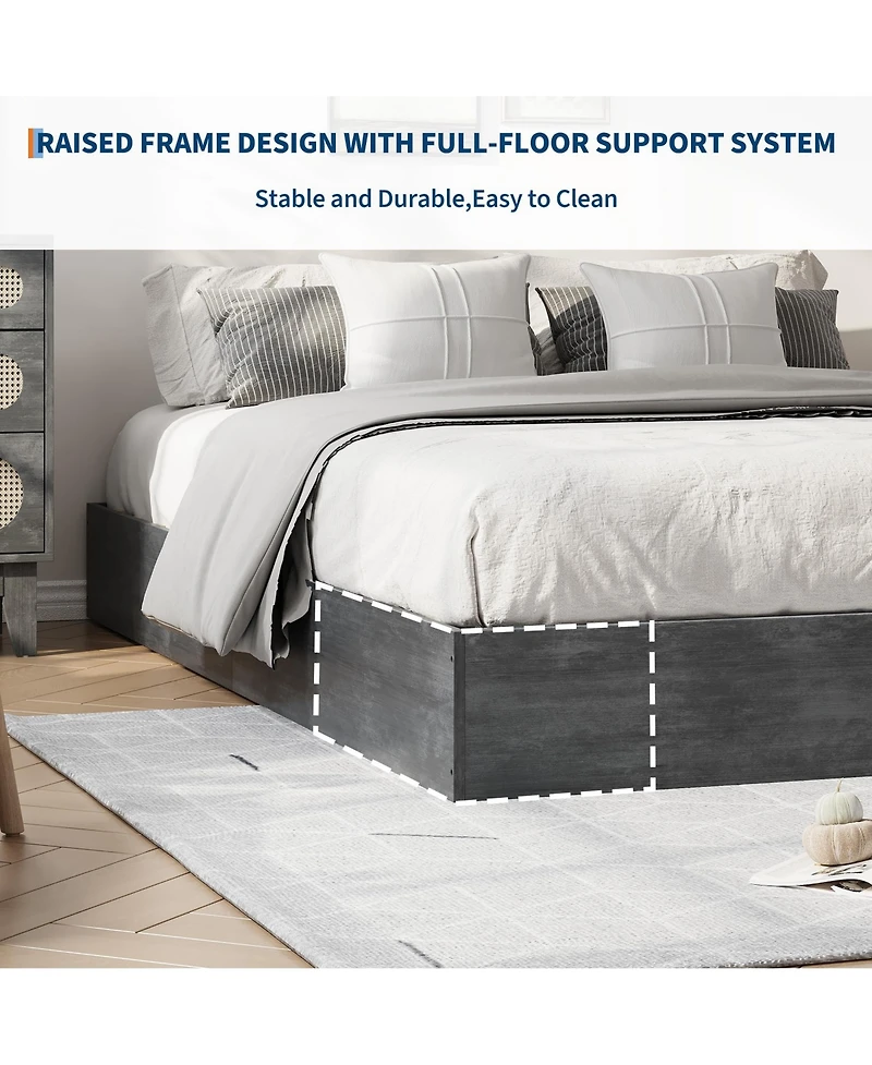 Homfan Wood Platform Bed Frame in Washed, Floor Style, No Headboard, No Box Spring Needed