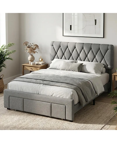 Homfan Upholstered Bed Frame with 2 Storage Drawers and Wood Slats