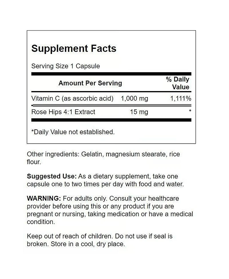 Swanson Vitamin C with Rose Hips 1000 mg Skin, Heart and Immune Support, Natural Formula, 90 Capsules