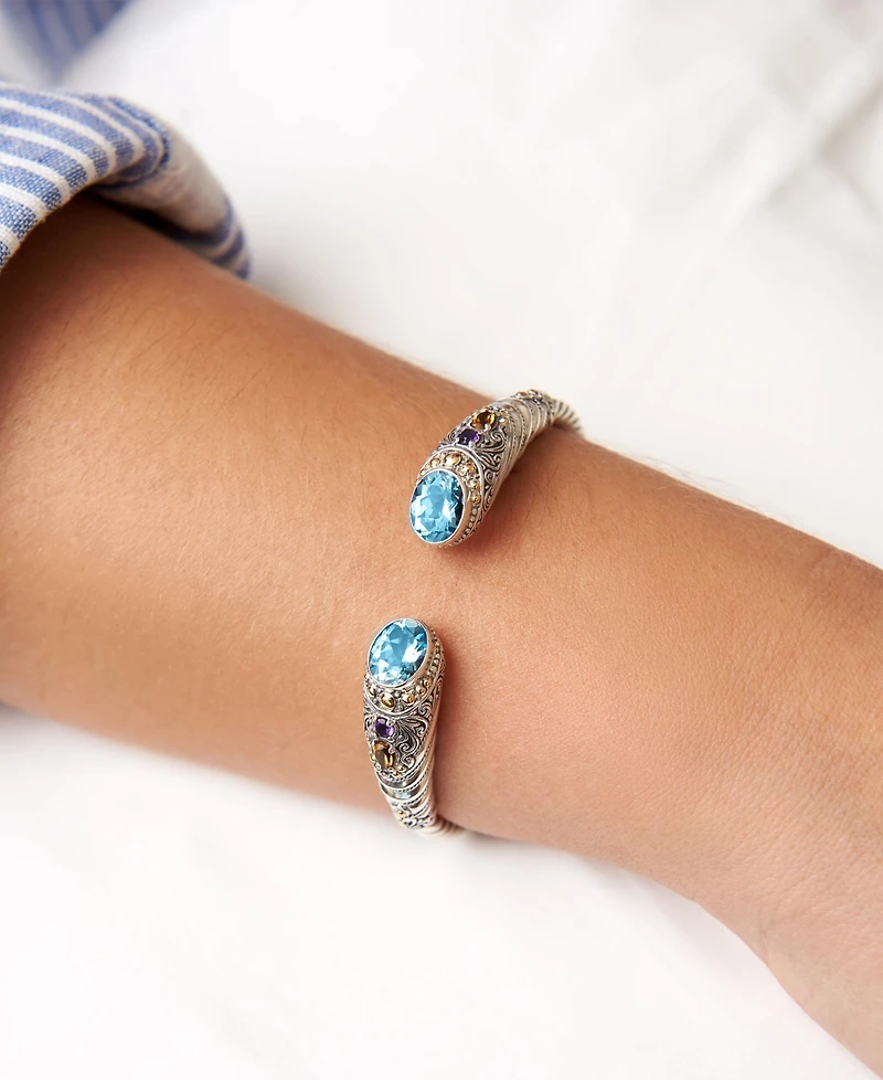 Devata methyst, Citrine and Filigree Cuff Bracelet Sterling Silver 18K Gold Accents