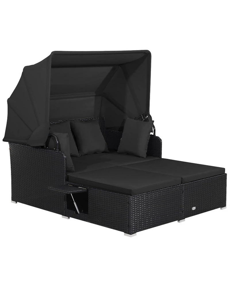 Gouun Outdoor Pe Wicker Patio Daybed with Retractable Canopy, Cushions and 2 Fold-Out Side Tables