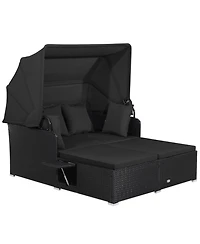 Gouun Outdoor Pe Wicker Patio Daybed with Retractable Canopy, Cushions and 2 Fold-Out Side Tables
