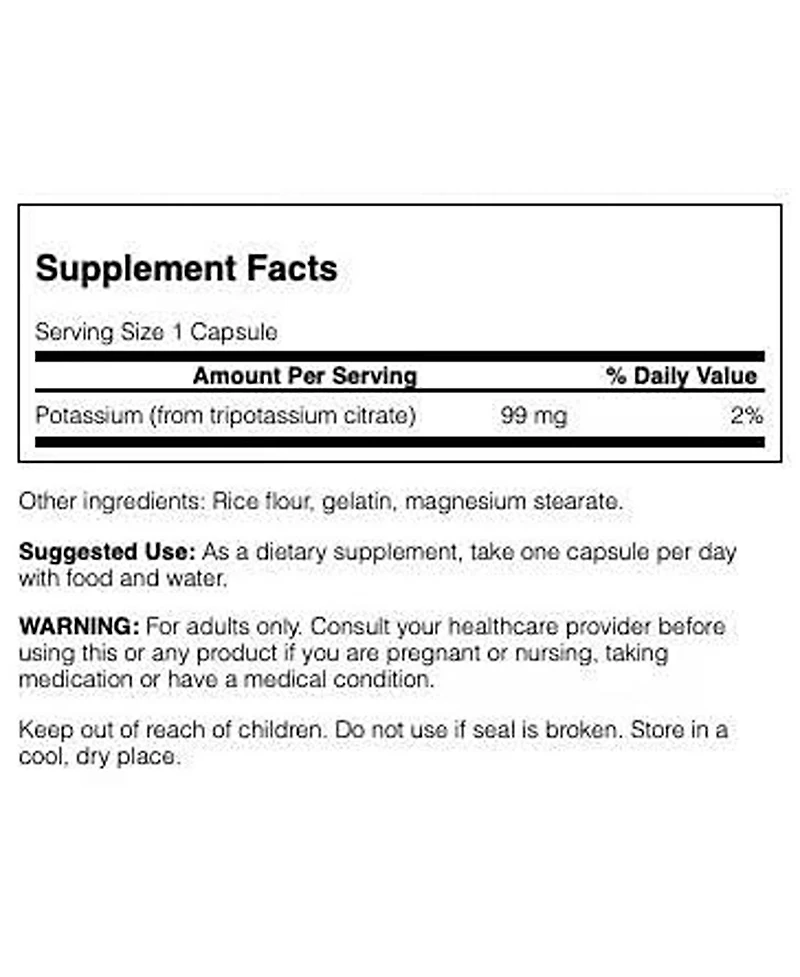 Swanson Potassium Citrate 99 mg, Mineral Supplement Heart Health and Energy, Nerve and Kidney Function, 120 Capsules