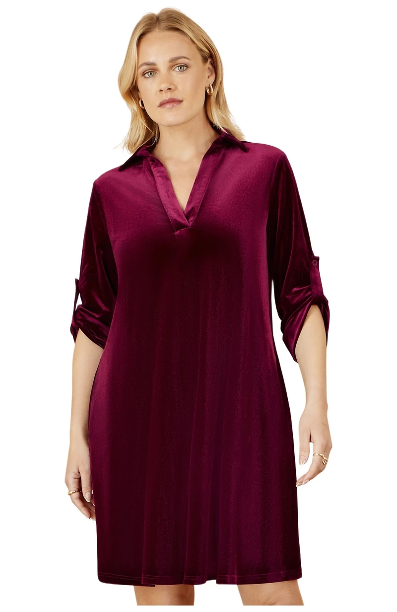 Yumi Women's Velvet Sleeve Collared Tunic Dress