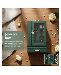 Yigii Large Jewelry Organizer Box with Drawer Compartments Hooks Slots 360 Rotating Pu Leather Lining Transparent Window