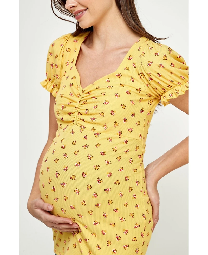 Hello Miz Maternity Ribbed Floral Ruched Front Puff Sleeve Top