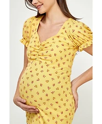 Hello Miz Maternity Ribbed Floral Ruched Front Puff Sleeve Top