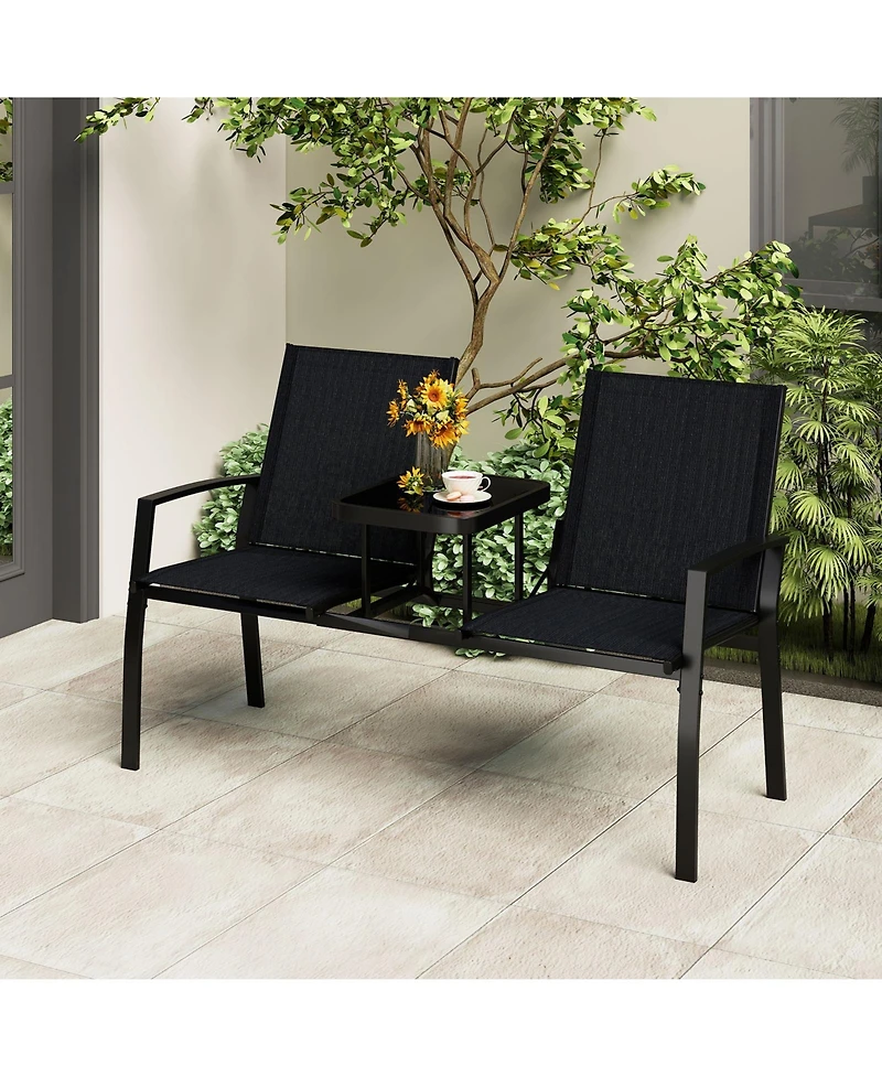 Slickblue Patio Loveseat with Built-in Table with Breathable Fabric Back