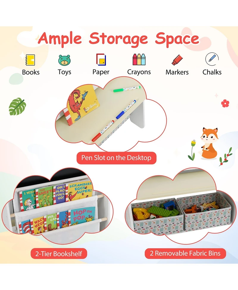Sugift 4-in-1 Kids Table and Chair Set Art Easel with Magnetic Whiteboard and Bookshelf
