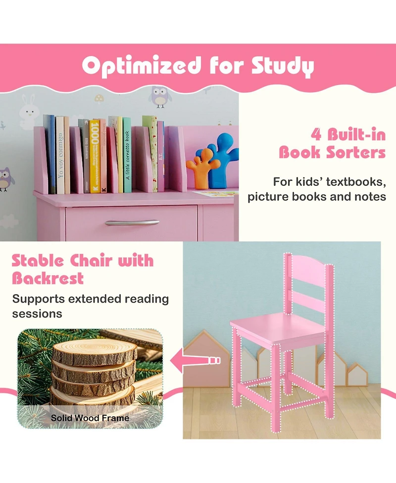 Sugift Wooden Kids Study Desk and Chair Set Student Workstation