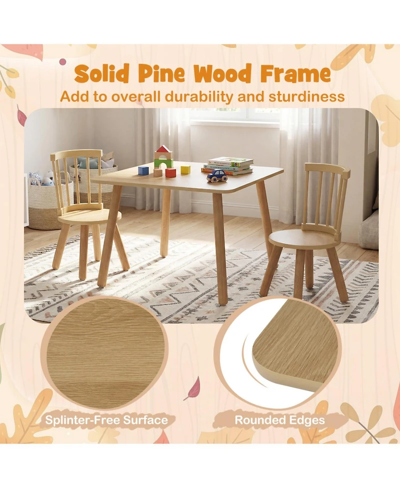 Sugift Kids Wooden Table and Chairs Set 3-Piece Toddler Furniture with Pine Wood Frame