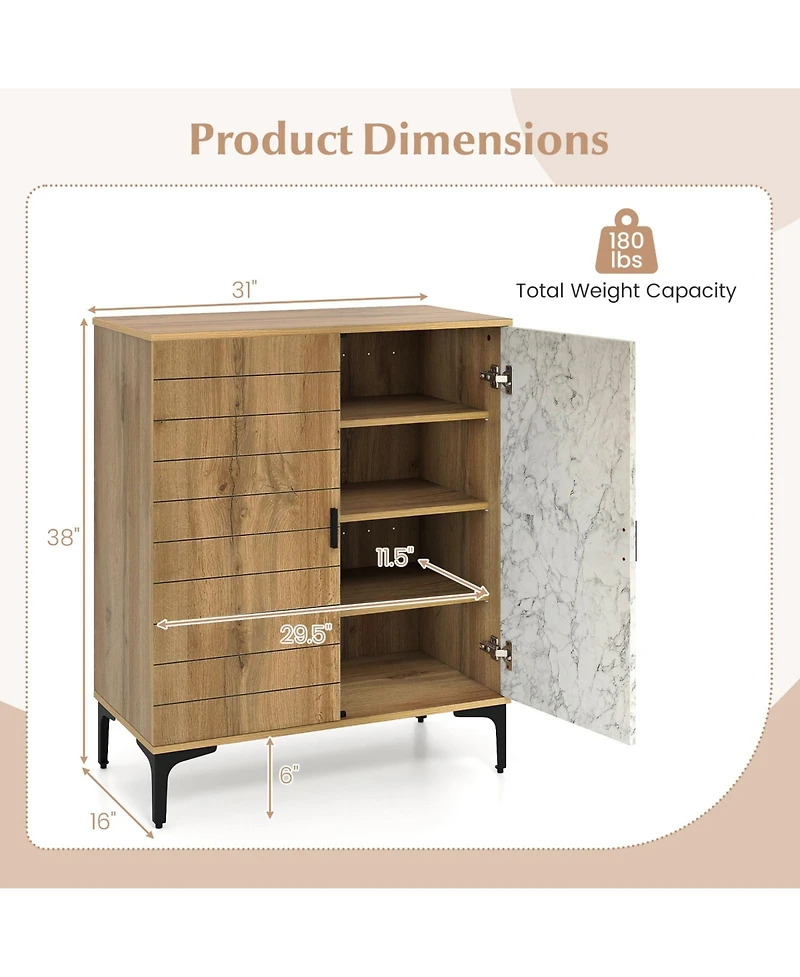 Sugift 4 Tier Farmhouse Shoe Storage Cabinet with Removable Shelves and Metal Legs-Oak