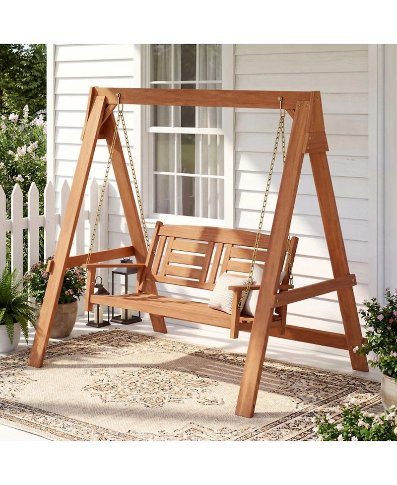 Sugift Hardwood Two-Seater Porch Swing with Freestanding A-Frame Stand