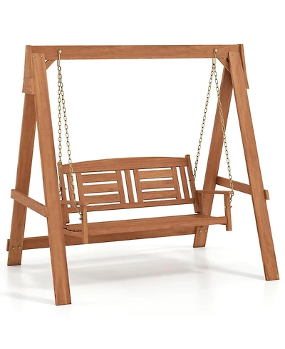 Sugift Hardwood Two-Seater Porch Swing with Freestanding A-Frame Stand