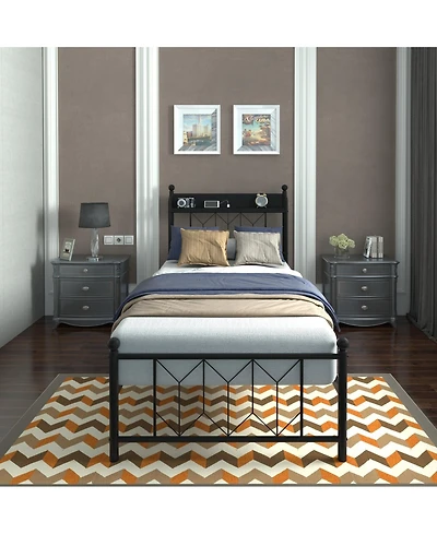 Lucky One Twin Bed Frames, Headboard and Charging Station and Led Light for Bedroom, Solid and Stable