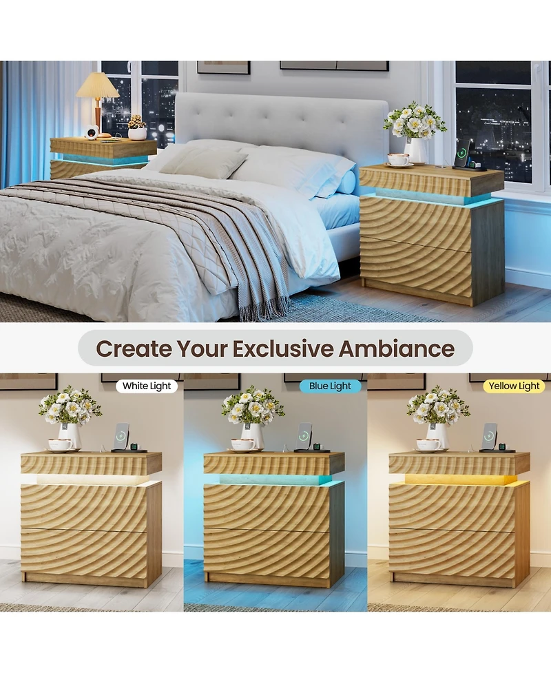 Vlrska 23.6-Inch Wide 2-Drawer Nightstand with Hidden Storage and Human Sensor Light